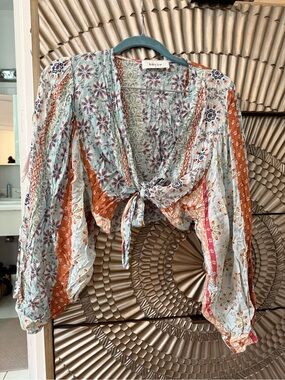 Boho Floral Tie-Front Blouse in Light Blue and Rust